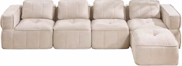 Divano angolare modulare OKWISH a 4 posti con pouf coordinato, design moderno in tessuto beige per il tuo soggiorno, L/P/H: 344 x 162 x 68 cm