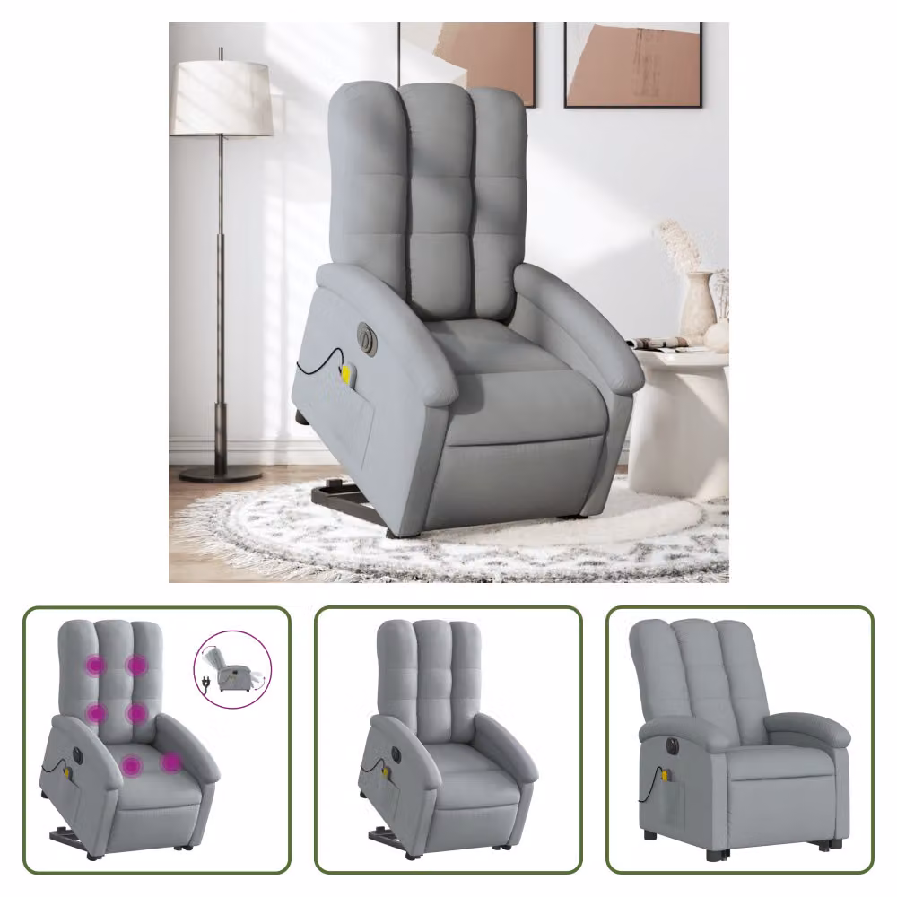 The Living Store Poltrona massaggiante elettrica con ausilio per la posizione eretta Tessuto grigio chiaro