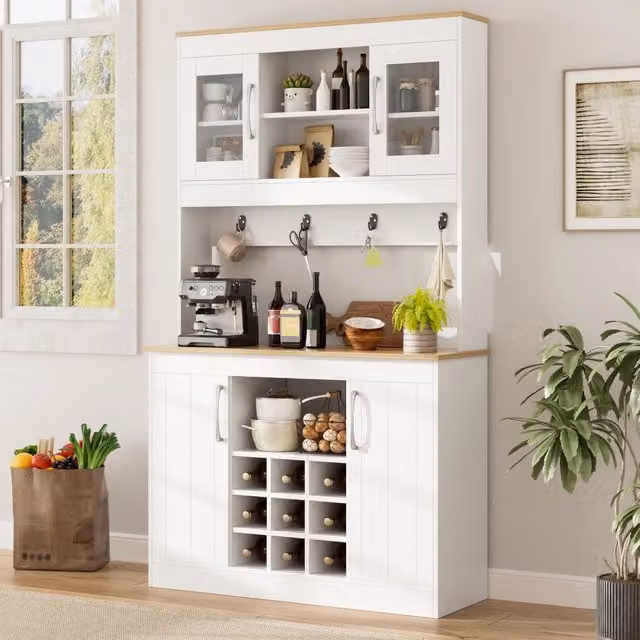 Credenza da cucina 106x39x175 cm con ante in vetro e portabottiglie; in pannello truciolare bianco e naturale