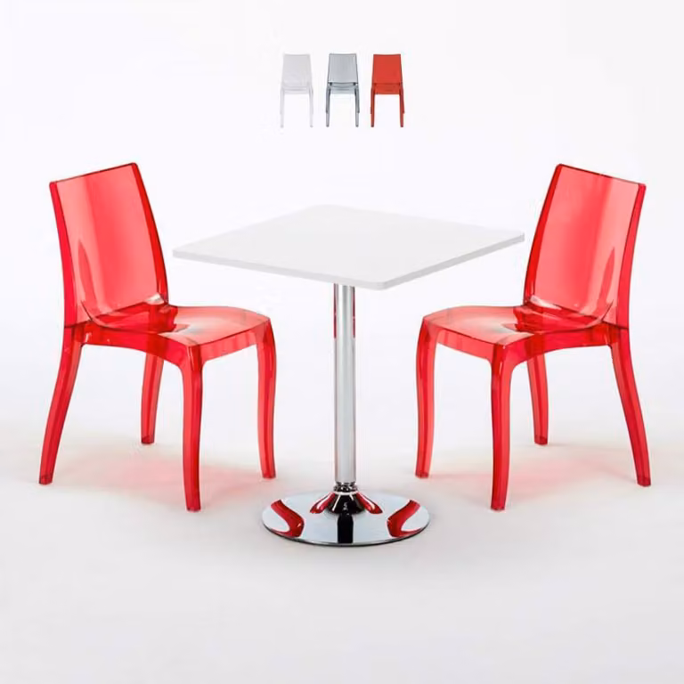 Tavolo quadrato bianco e 2 sedie colorate trasparenti Grand Soleil Cristal Light Titanium - Rosso trasparente