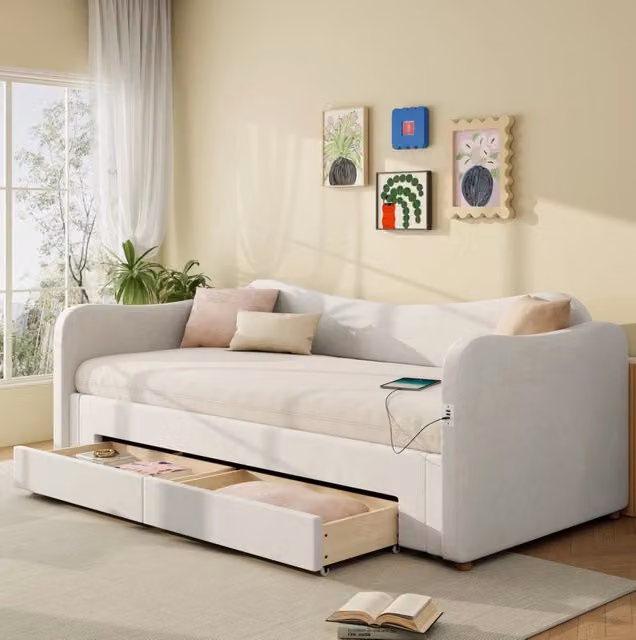 Letto da giorno imbottito ULEVR 90x200 cm estraibile a 180x200 cm con cassetti e USB/Type-C, velluto beige