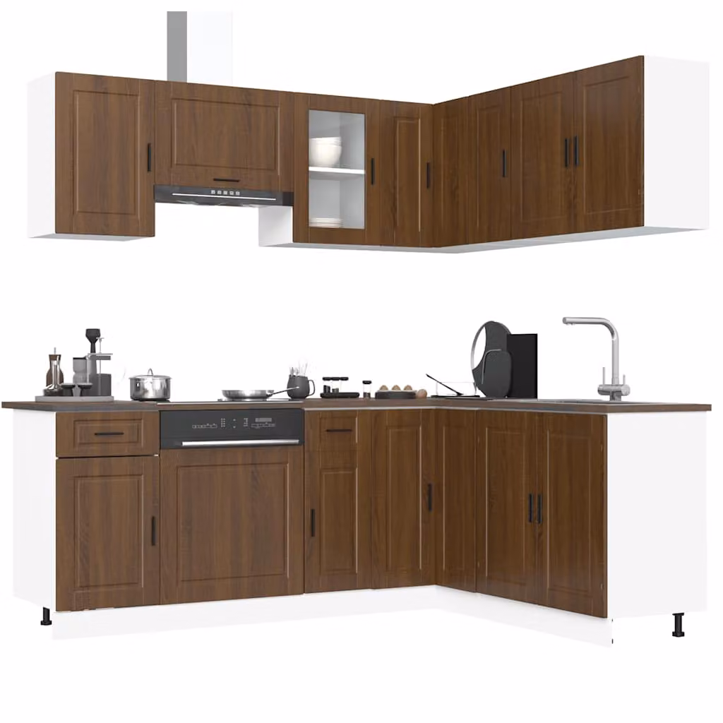 Set di mobili da cucina moderno vidaXL composto da 11 pezzi in rovere marrone con ante a cerniera e ripiani aperti