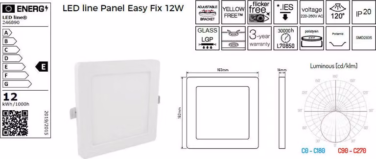 Pannello LED EasyFix quadrato 12W 2700K bianco caldo