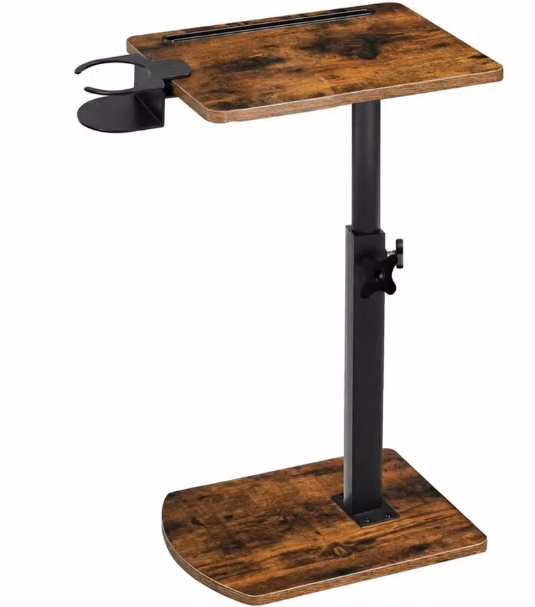 Tavolino vintage a forma di C - Regolabile in altezza - Girevole a 360° - Tavolino da divano per laptop con portabevande e scomparto per tablet - Struttura in metallo - Marrone