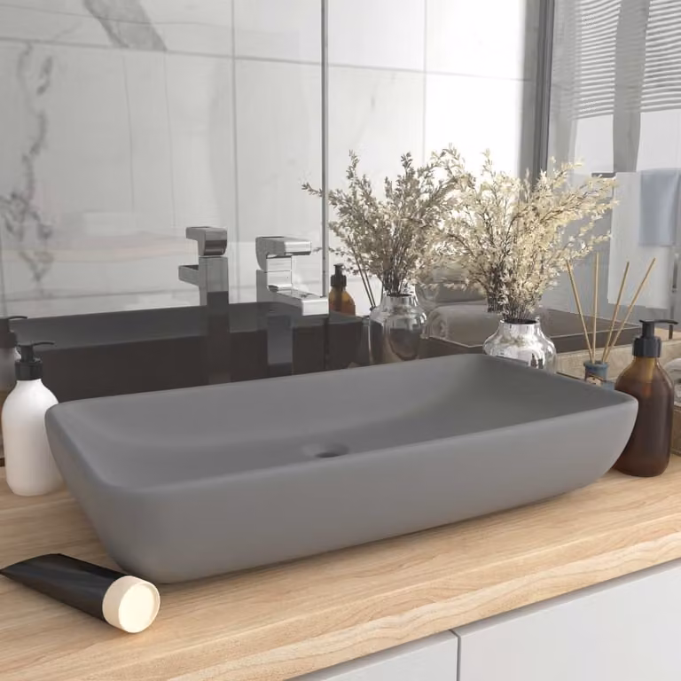 The Living Store Lavabo rettangolare grigio chiaro opaco 71x38 cm in Vetroceramica