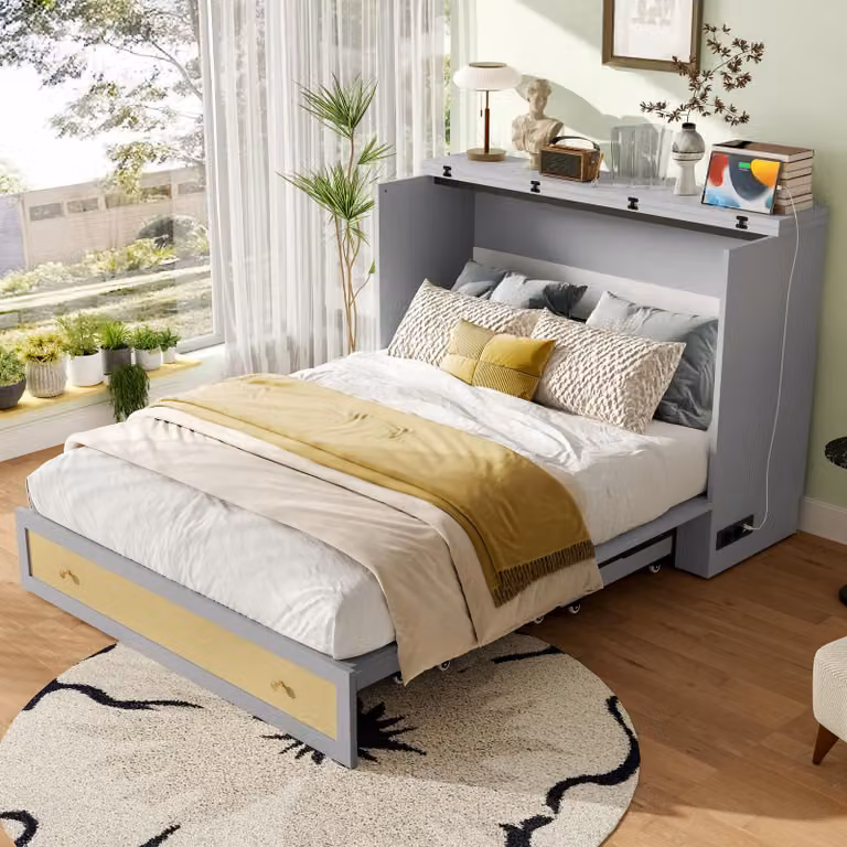 Letto STILVORA 140x200 con armadio, letto per ragazzi con scaffali e cassetti, letto multifunzione con spazio contenitivo e rete a doghe, completo di materasso, colore grigio
