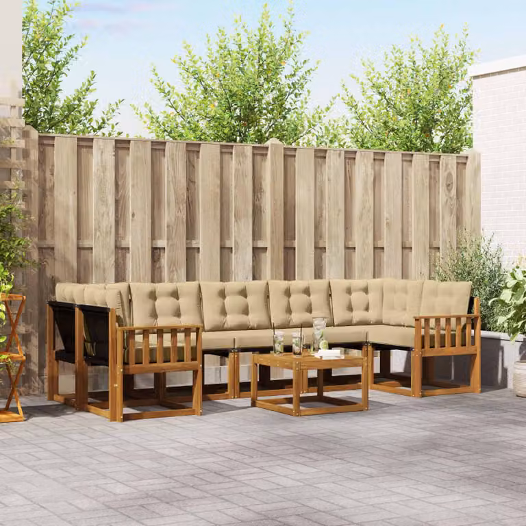 Set di divani da esterno vidaXL 8 pz in legno di acacia con tavolino e cuscini, colore beige e marrone