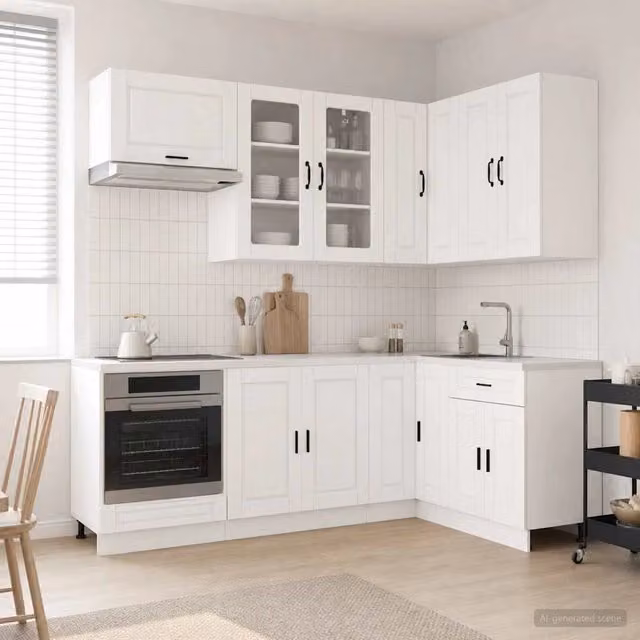 Unità cucina moderna vidaXL PORTO in bianco lucido con ante in vetro e ripiani aperti, 8 pezzi – 1