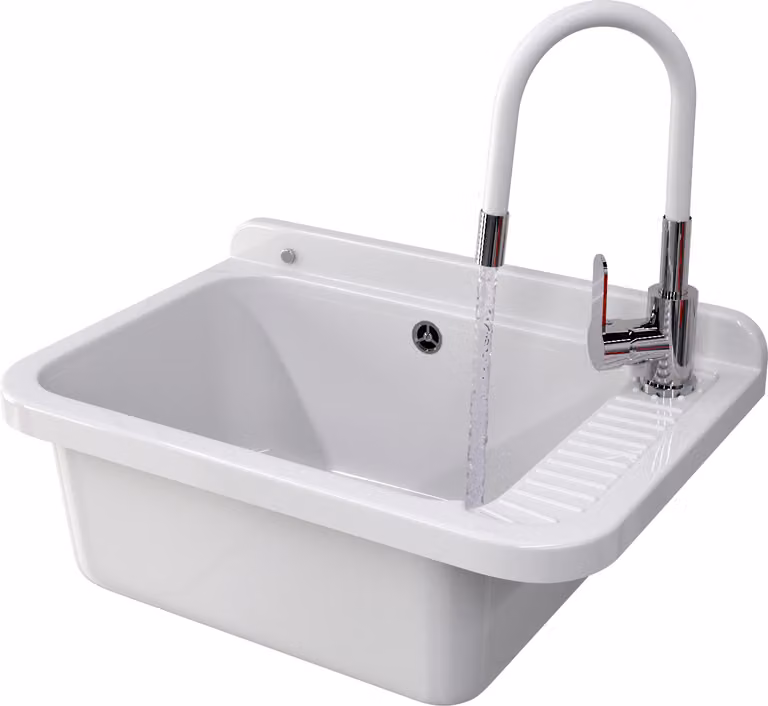 Granitan - Lavabo - Lavello - 58x38x26 cm - Bianco - con rubinetteria GRADO e sifone - Lavello - NEGRA