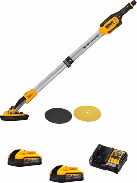 Levigatrice per muro DeWalt DCE800H2-SK gialla con 2 batterie Powerstack da 5,0 Ah e caricabatterie DCB1104