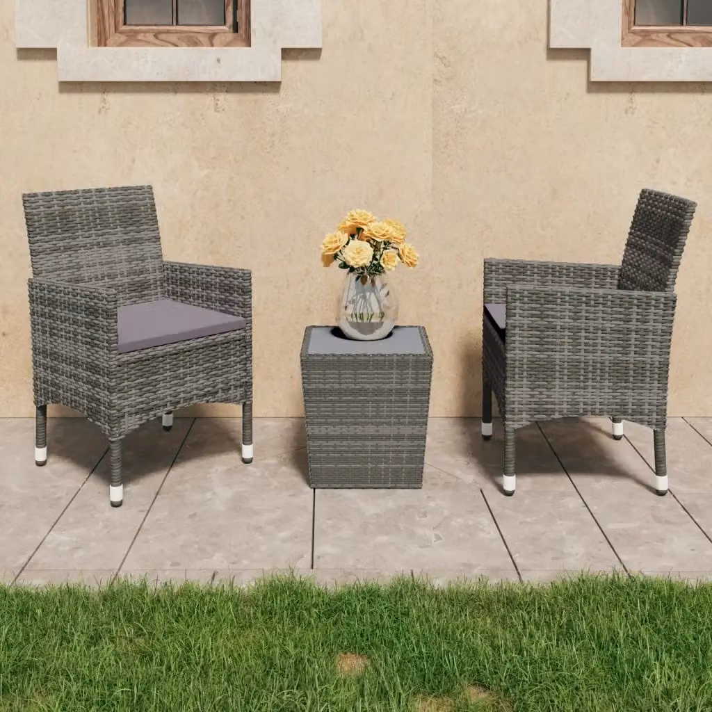 Set Bistrot da Giardino 3 pz in Polyrattan e Vetro Temperato Grigio con Tavolo Quadrato – 2