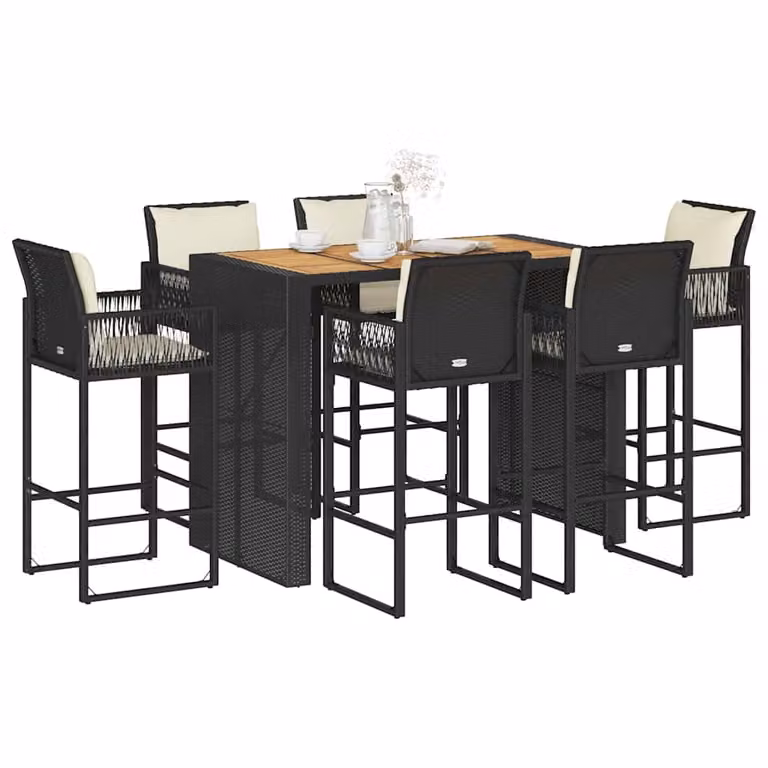 Set Bar da Giardino vidaXL in Polyrattan e Legno di Acacia con 7 Pezzi e Cuscini, Nero e Bianco