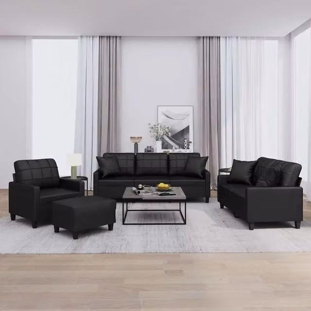 Set di divani moderno vidaXL in similpelle nera composto da divano a 3 posti, divano a 2 posti, pouf e cuscini decorativi