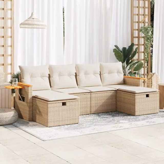 Set Divano da Giardino a L vidaXL in Polyrattan con Cuscini Beige e Struttura in Acciaio e Legno di Acacia, 6 Pezzi