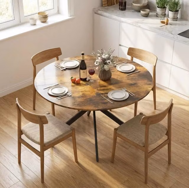Tavolo da pranzo rotondo ULEVR ? 120 cm per 4 persone, piano in legno rustico e gambe in acciaio nere