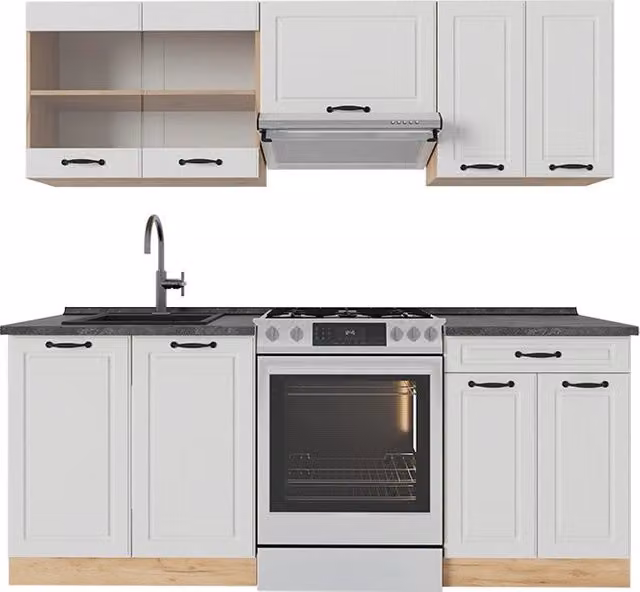 Cucina componibile R-Line Vicco in stile country house, Bianco rustico e Rovere dorato con piano Antracite, L: 200 cm