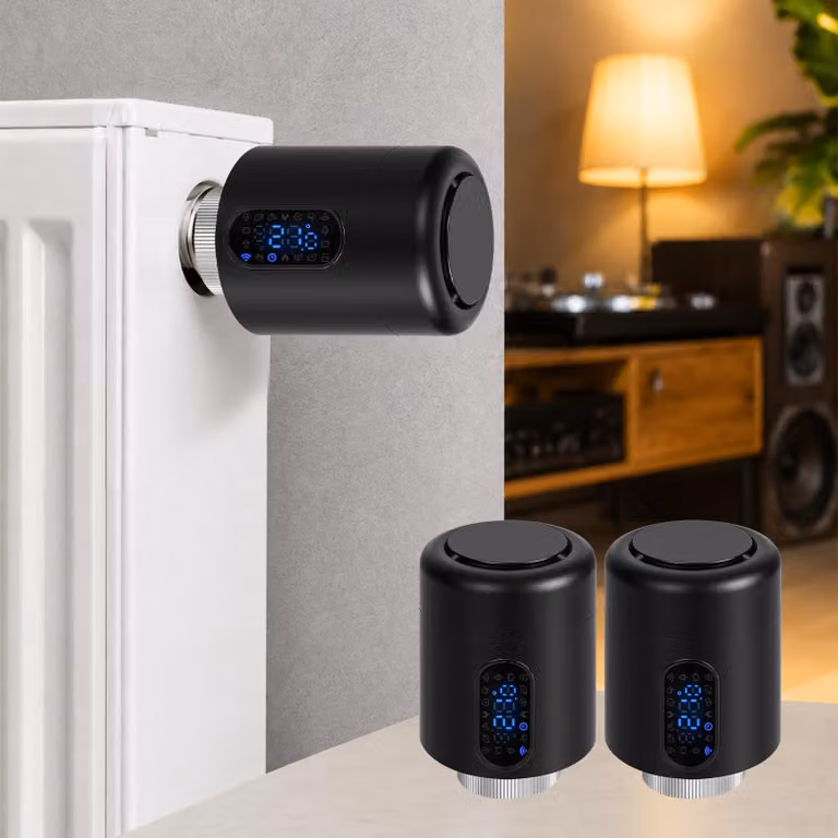 Set di 2 termostati radiatori smart Ikodm, colore nero, con controllo tramite app senza necessità di gateway, dotati di 7 adattatori per termostato