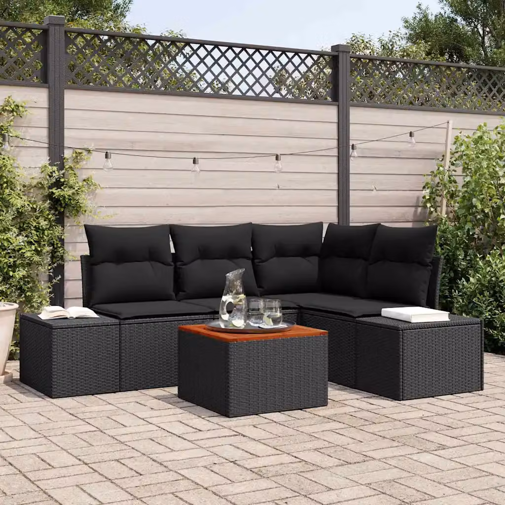 Set Divano da Giardino a L vidaXL in Polyrattan Nero con Cuscini e Tavolino da Caffè – 1