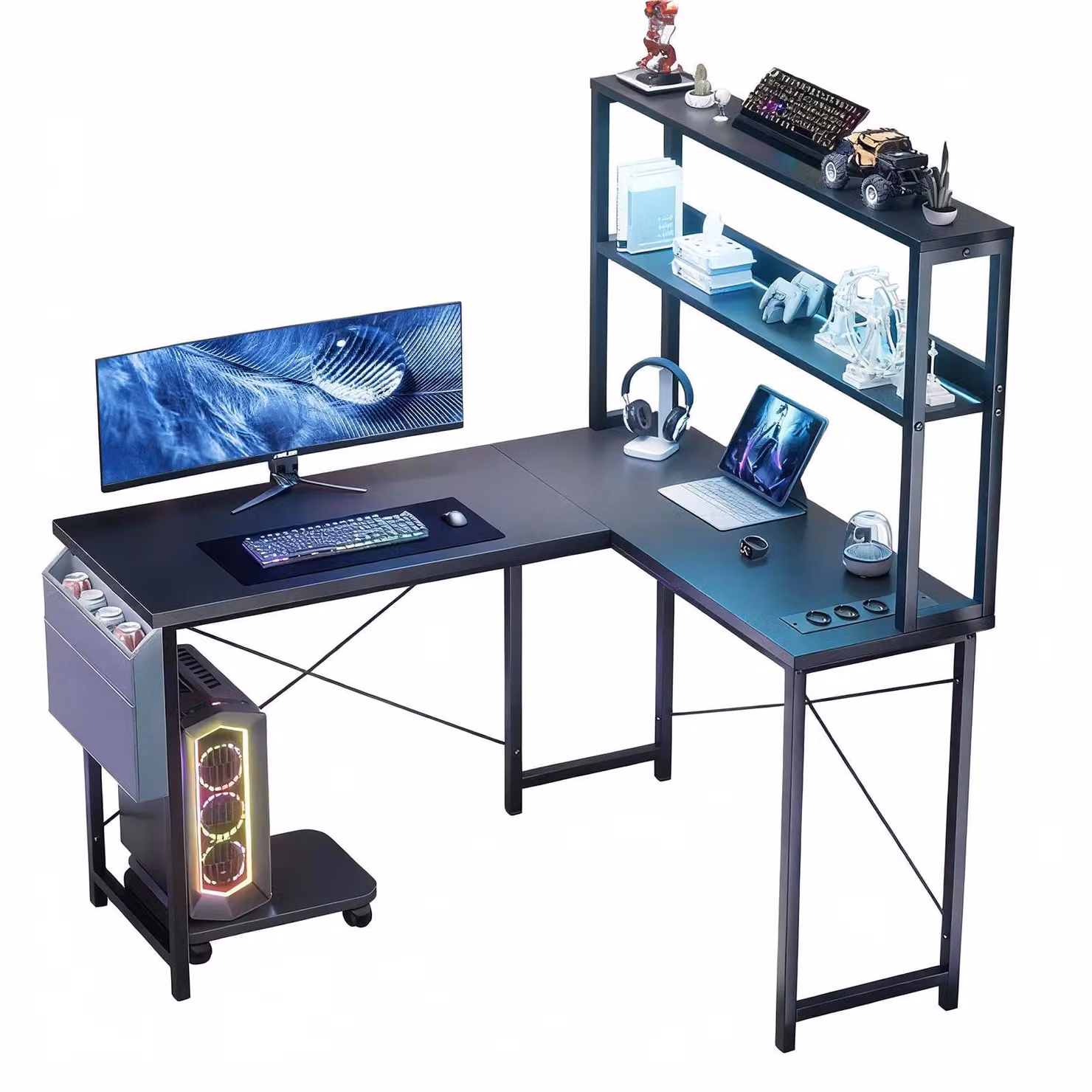 Scrivania da gioco a L AIORBER con illuminazione a LED, presa di corrente e USB, ampio ripiano, reversibile, 148 cm, nero