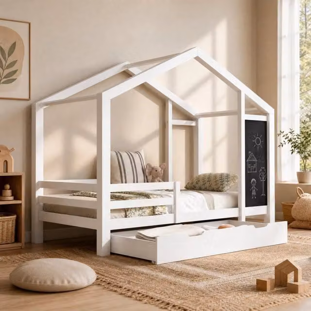 Letto casa per bambini 90x200 cm in legno massello di pino bianco con lavagna e 2 cassetti, rete a doghe inclusa (senza materasso)