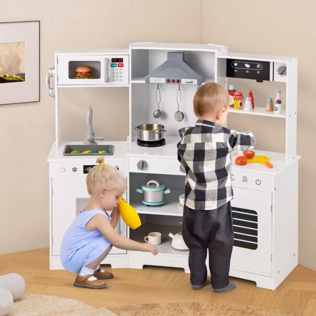 Set di giocattoli in legno per cucina da gioco per bambini dai 3 anni in su con cappa, macchina del ghiaccio, lavello e rubinetto, colore bianco – 2