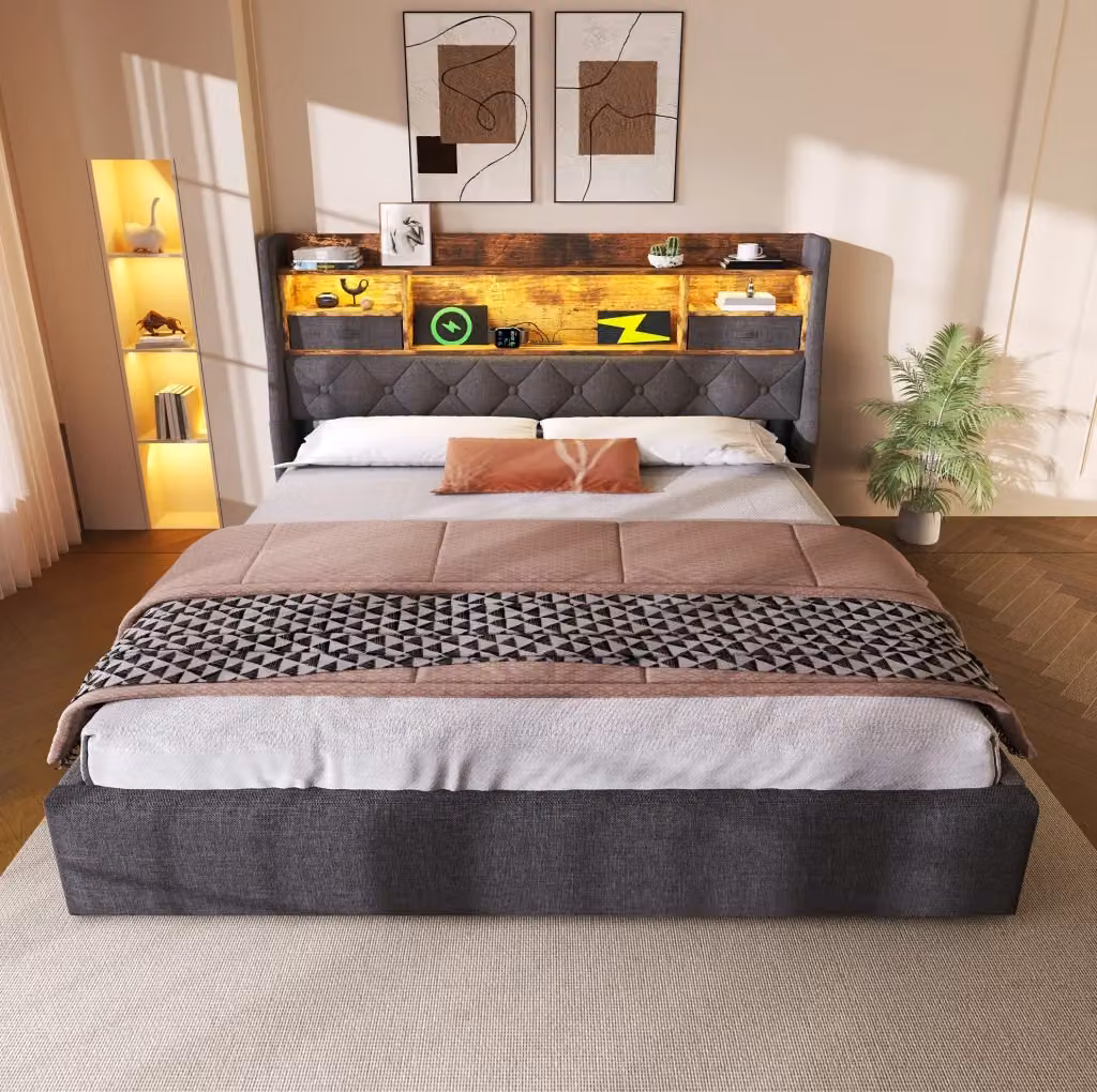 Letto matrimoniale imbottito MODFU grigio con contenitore, illuminazione LED, prese USB/Type-C e materasso, L/P/H: 160 x 200 x 116 cm – 2