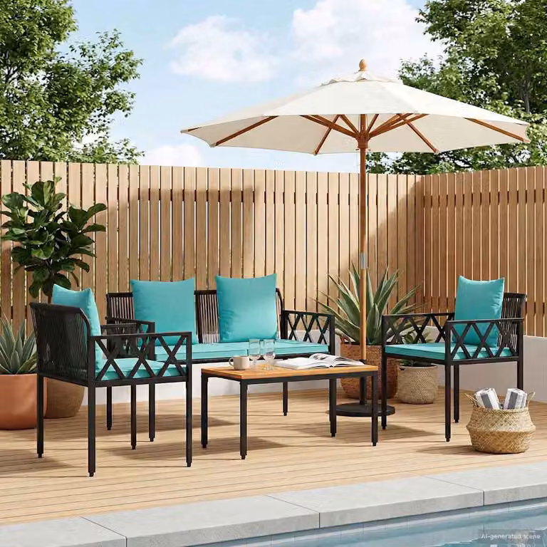 Set di mobili da giardino vidaXL in 4 pezzi in polyrattan con legno di acacia nero e turchese