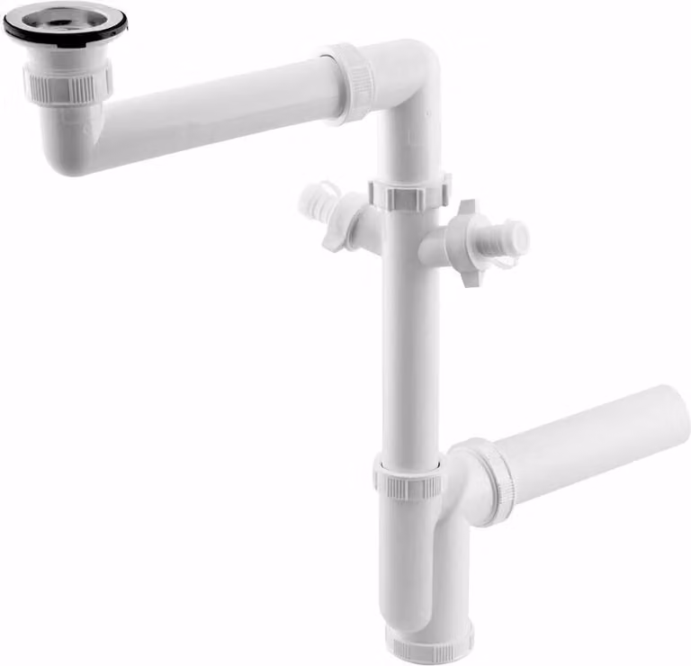 Sifone salvaspazio, 2 attacchi per apparecchi, scarico in acciaio inox con tappo, 6/4", DN40, bianco