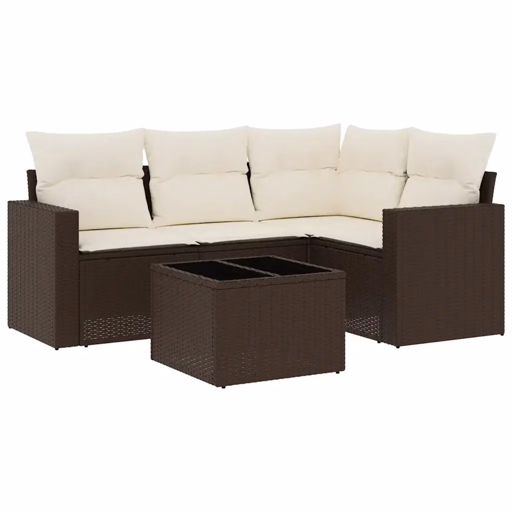 vidaXL Set Divano da Giardino a L 5 pz in Polyrattan Marrone con Cuscini e Tavolino – 2