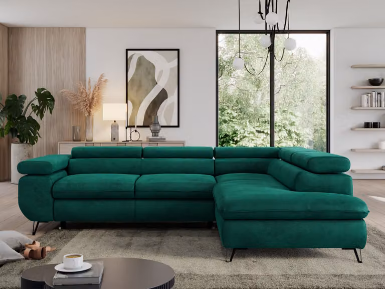 Divano angolare con base letto, poggiatesta regolabili, funzione sleep, divano angolare a L - PEDRO L - Velluto - Verde - Destra