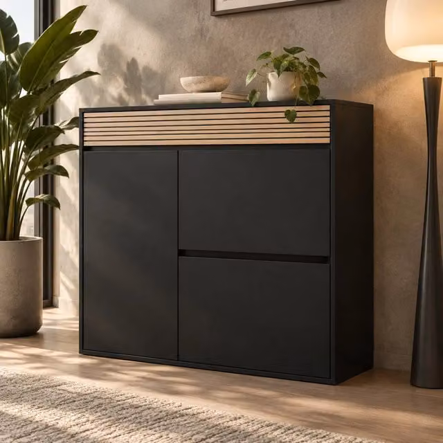 Mobile Scarpiera Slim 100×35×105 cm con 1 Anta e 2 Ribalte, Nero e Legno Naturale