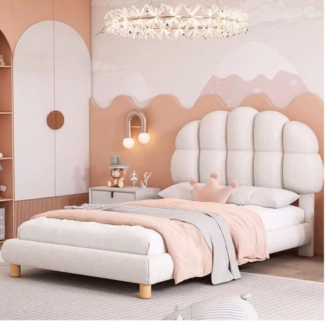 Letto imbottito moderno REDOM in tessuto bouclé bianco L 90 cm x P 200 cm
