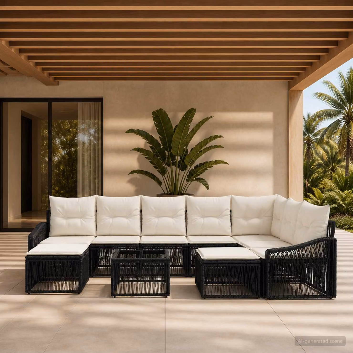 Set Divano da Giardino vidaXL 10 Pezzi in Polyrattan Nero e Beige con Tavolino e Cuscini
