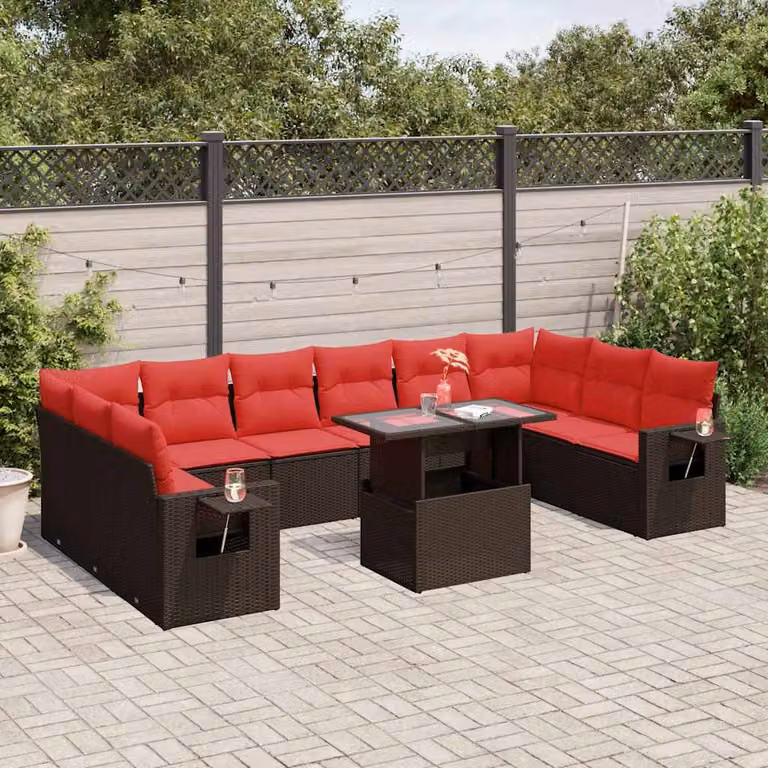 Set di divani da giardino vidaXL in polyrattan marrone con cuscini e tavolino da esterno a forma di L