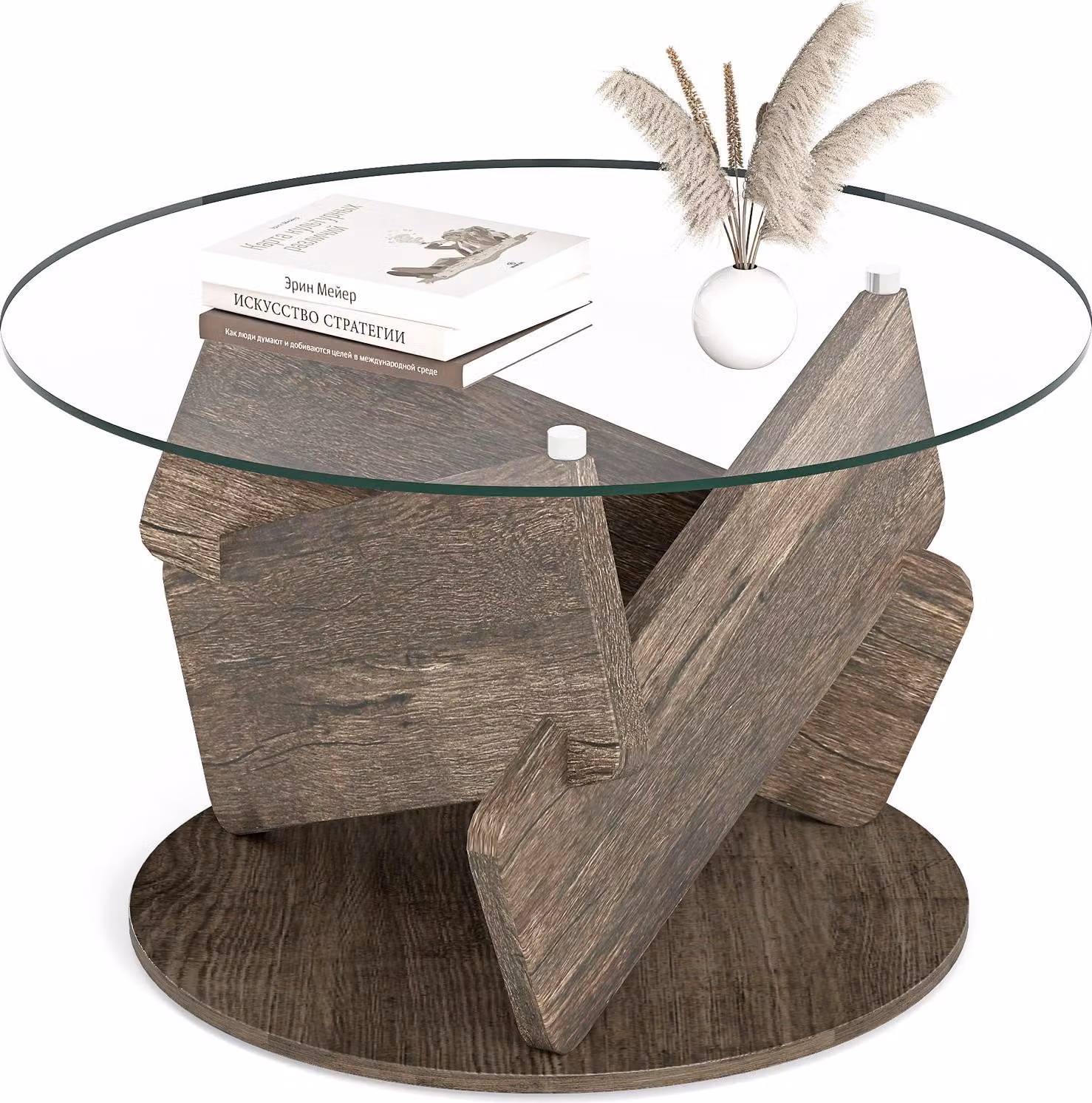 Tavolo in vetro COSTWAY, tavolino con piano in vetro e struttura in legno massiccio, tavolino rustico, tavolino d'accento grigio per soggiorno e ufficio, φ 81cm x 49cm