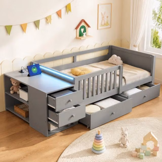 Letto a soppalco per bambini 90 × 200 cm con contenitori, funzione studio, LED, presa e struttura grigia