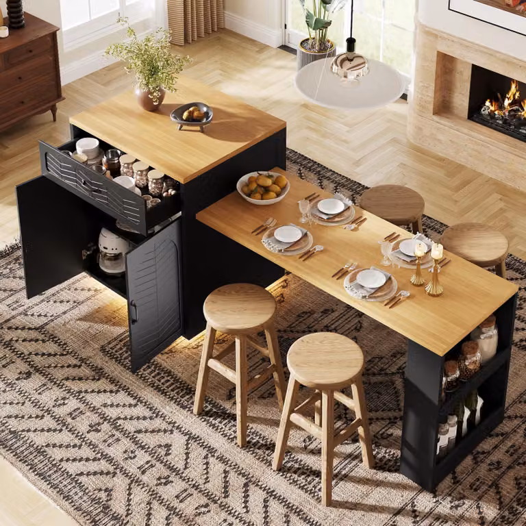 Isola da cucina STILVORA con listello illuminante a LED e piano estendibile, mobile da cucina con 2 cassetti e 4 ante, credenza utilizzabile come carrello da portata fisso