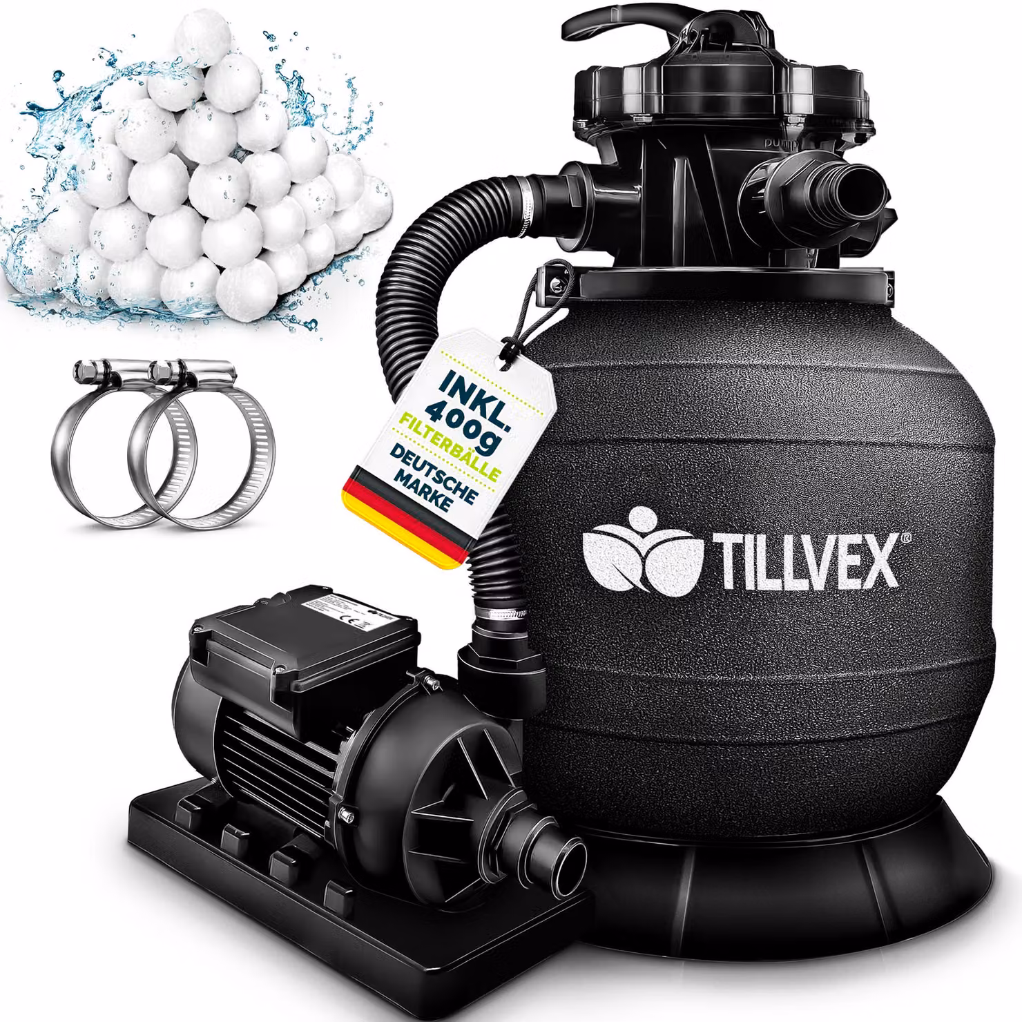 tillvex® sistema di filtraggio a sabbia per piscina 7.900L/h incl. sfere filtranti da 400g nero | sistema di filtraggio valvola a 7 vie & adattatore 2in1 Ø32mm - 38mm | filtro per piscina con indicatore di pressione | filtro a sabbia per piscine