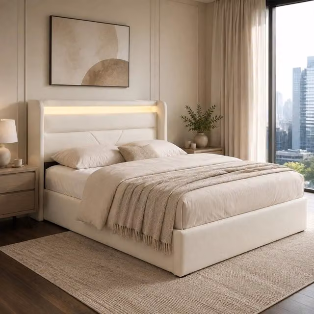 Letto contenitore imbottito ULEVR 160x200 cm con LED, telecomando e sollevamento idraulico, rivestimento PU bianco