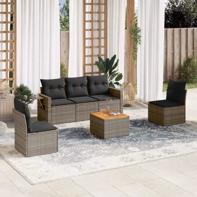 Set Divano da Giardino 6 pz con Cuscini-Sofa da Giardino-Divanetto da esterno Grigio in Polyrattan 670815