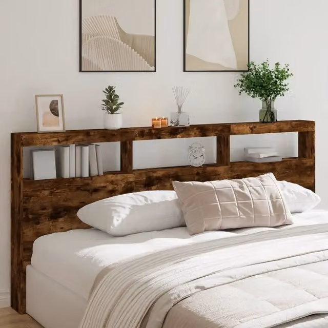 Testiera con Contenitore vidaXL in Rovere Fumo con Illuminazione LED e Porte USB, L: 220 cm, P: 17 cm, H: 102 cm – 1