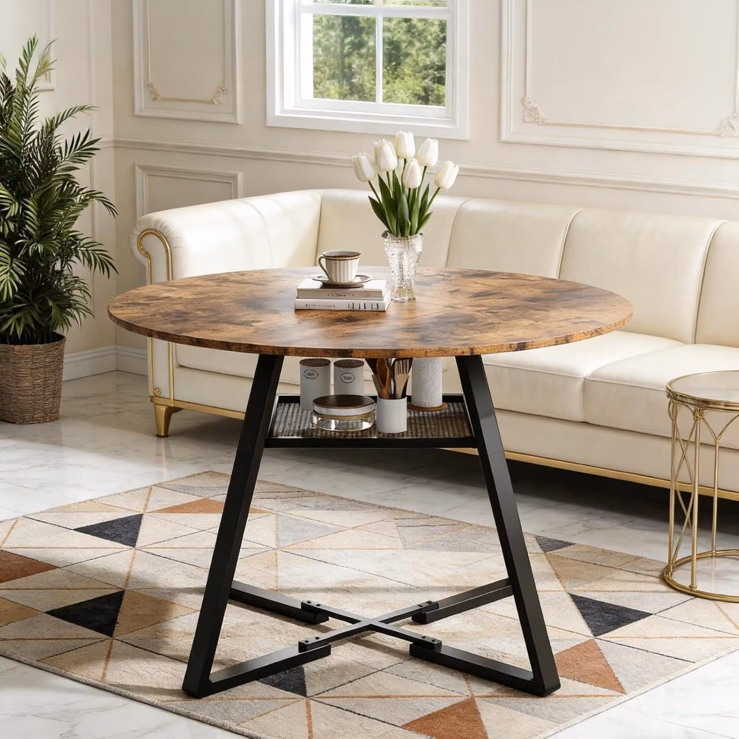 Tavolo rotondo da pranzo INONEFT per 4 persone, tavolo da pranzo da 120 cm con 1 vano aperto, tavolo in legno con gambe in metallo, tavolo da cucina per la sala da pranzo, colore nero