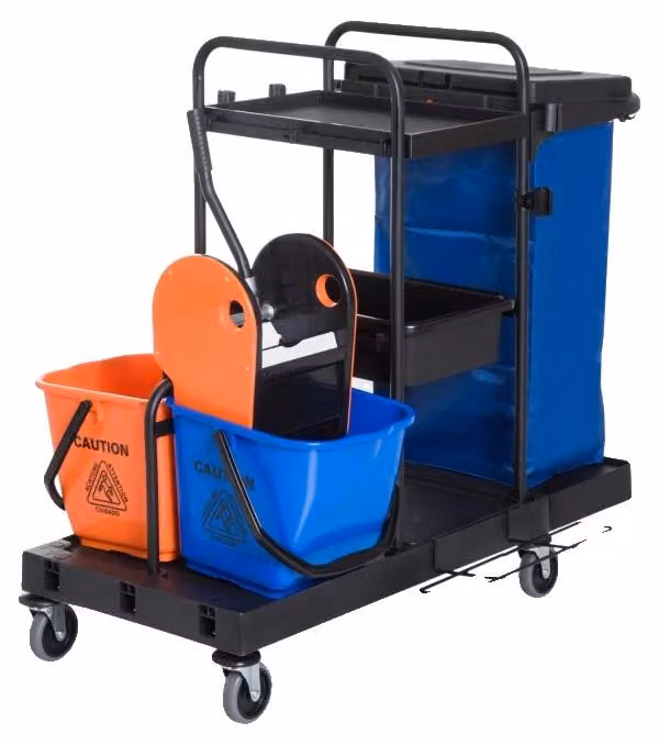 Carrello per la pulizia, L111 x P63,3 x A103 cm, portata massima 25 kg, contiene due ripiani, strizzatore rimovibile, quattro ruote scorrevoli