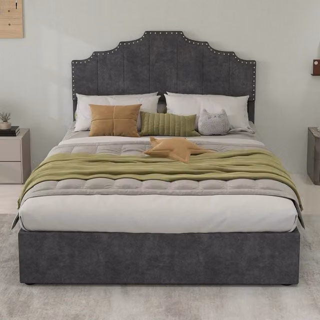Letto Contenitore Imbottito ¨C MINIMAL ¨C Grigio 140x200 con Testiera, Struttura con Doghe