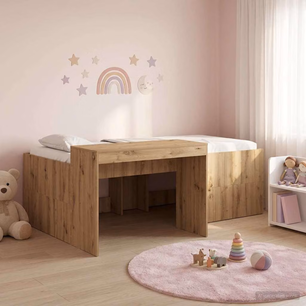 vidaXL Letto singolo rialzato per bambini con scrivania in legno color rovere marrone L/P/H: 193 x 120 x 133,5 cm