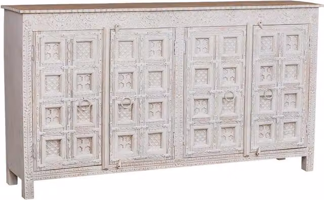 Credenza Wanderlust Deco in legno bianco con design geometrico ed etnico L: 186 cm, P: 40 cm, H: 102 cm
