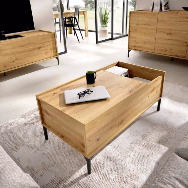 Tavolino da salotto DMORA moderno con meccanismo elevabile, rettangolare in finitura rovere marrone opaco, L: 150 cm, P: 60 cm, H: 53 cm