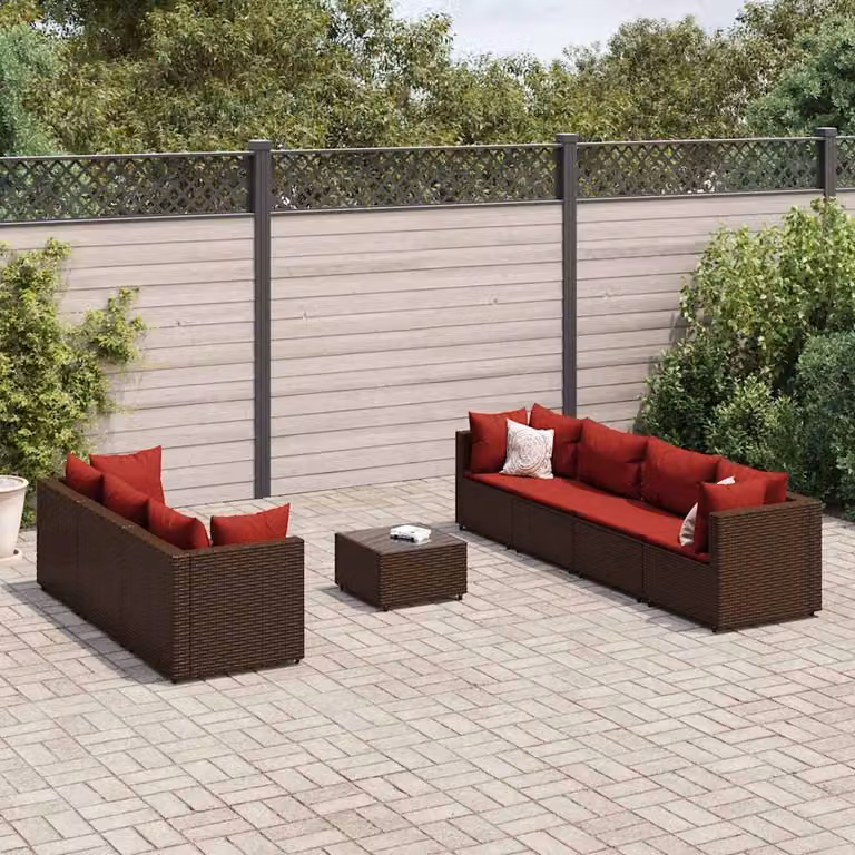 Set Divani da Giardino vidaXL 8 Pezzi con Tavolino e Cuscini in Polyrattan Marrone e Rosso con Struttura in Acciaio e Design Moderno a L