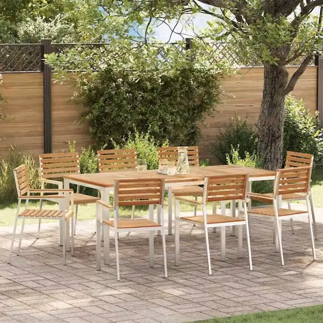 Set da pranzo per giardino e terrazzo da 9 pezzi vidaXL in legno di teak e acciaio inossidabile marrone e bianco – 1