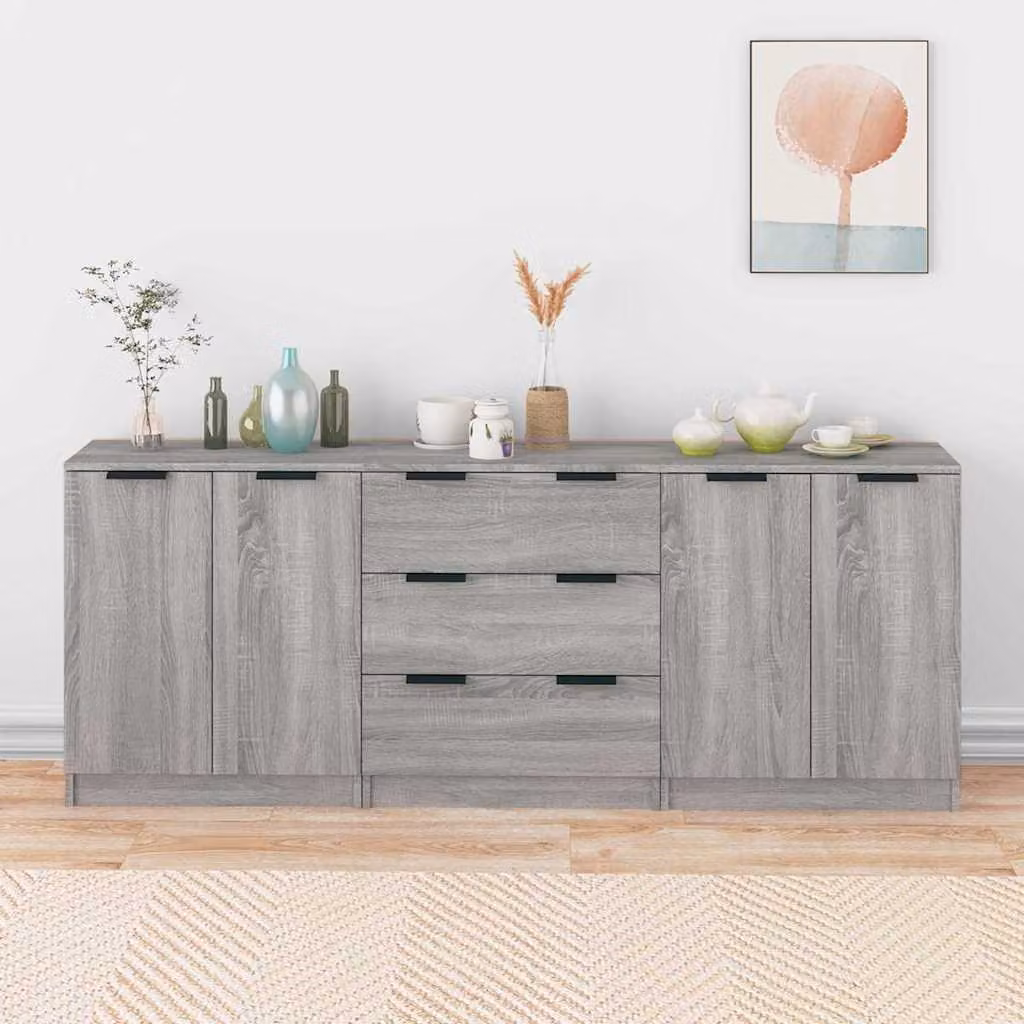 Set di 3 credenze vidaXL in legno multistrato, colore grigio, design minimalista per sala da pranzo